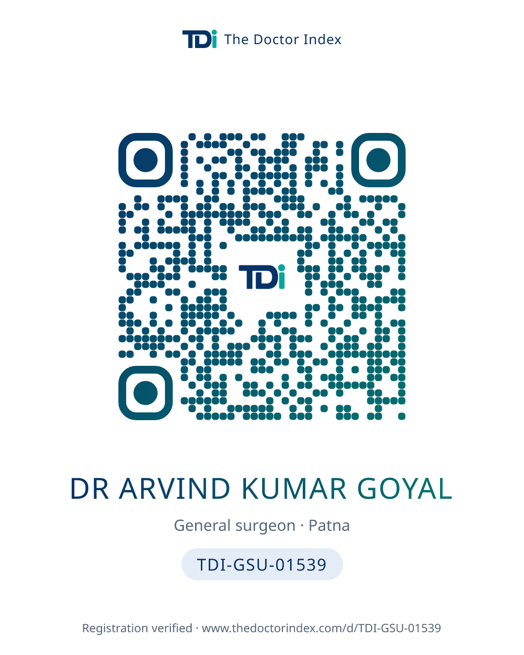 QR card for Dr Arvind Kumar Goyal, TDI-GSU-01539