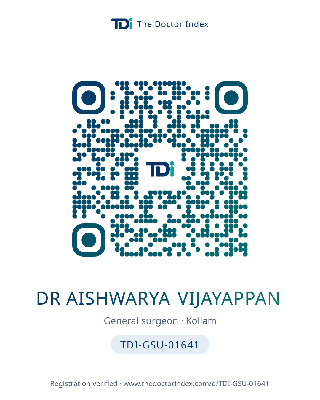 QR card for Dr Aishwarya Vijayappan, TDI-GSU-01641
