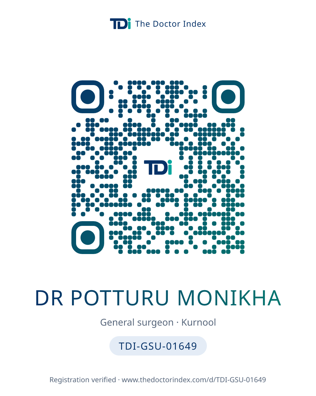QR card for Dr Potturu Monikha, TDI-GSU-01649