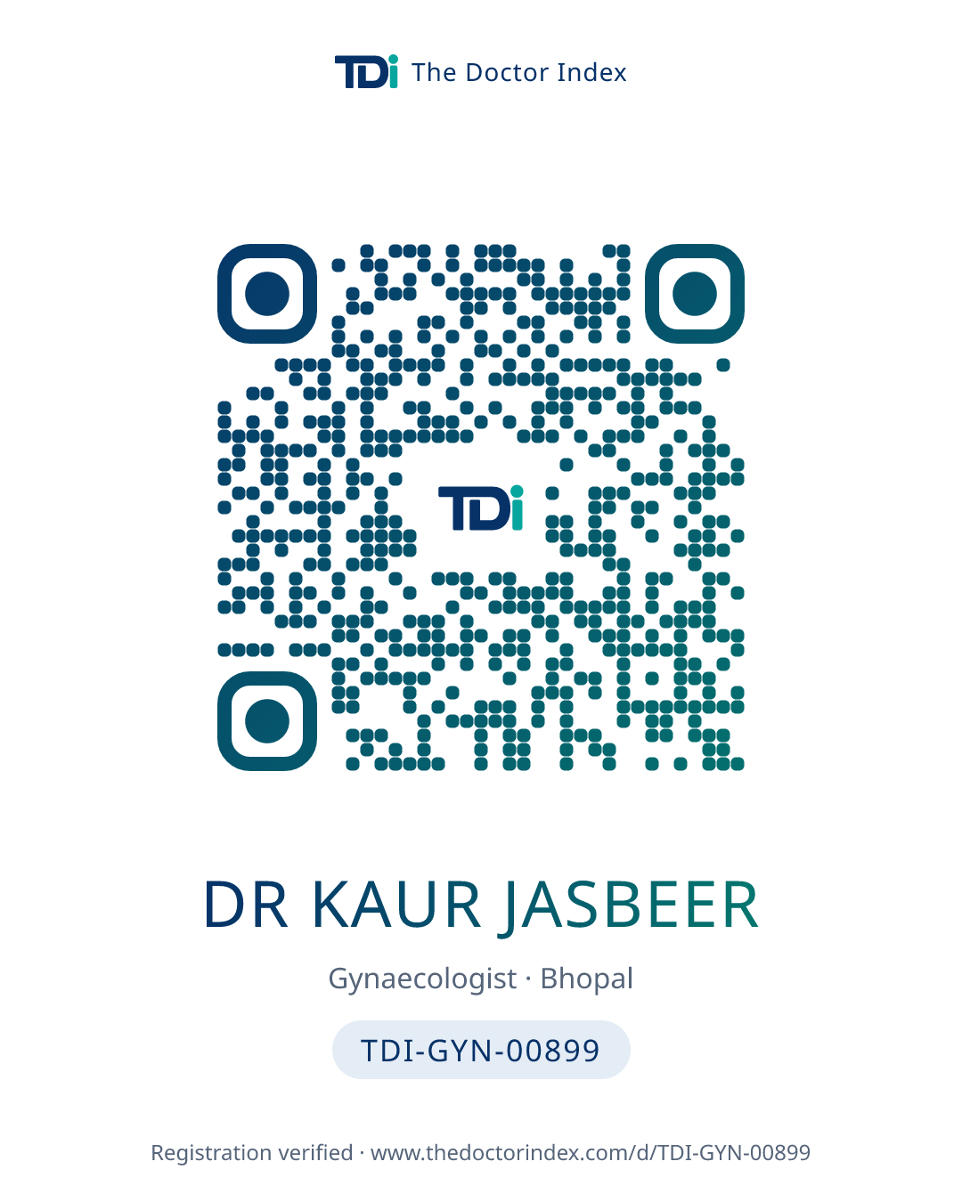 QR card for Dr Kaur Jasbeer, TDI-GYN-00899