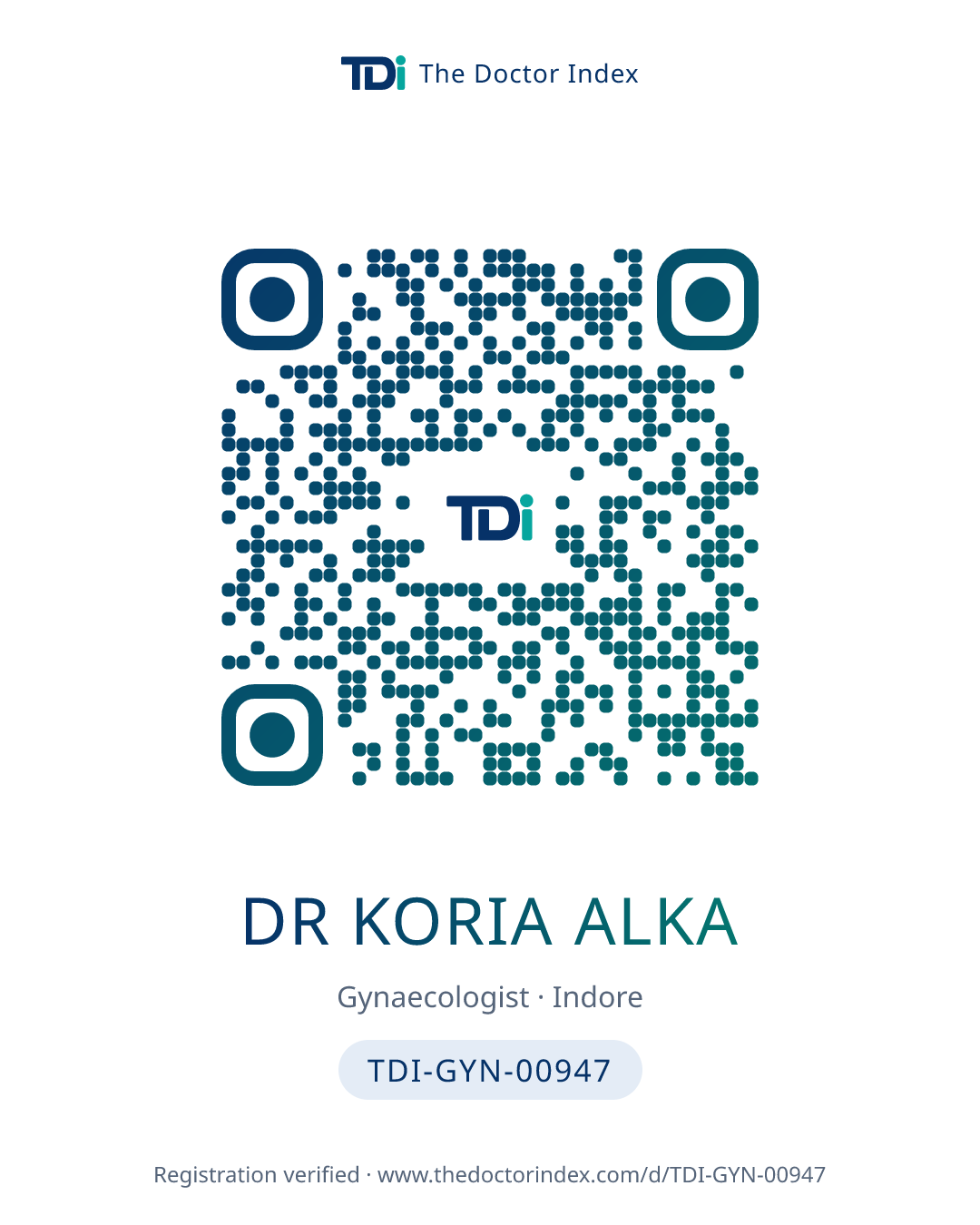 QR card for Dr Koria Alka, TDI-GYN-00947