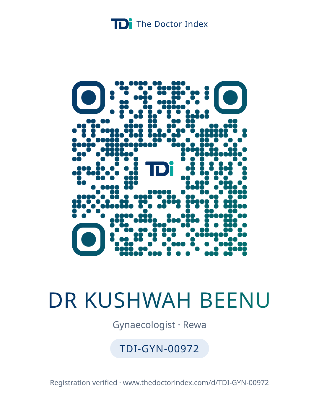 QR card for Dr Kushwah Beenu, TDI-GYN-00972