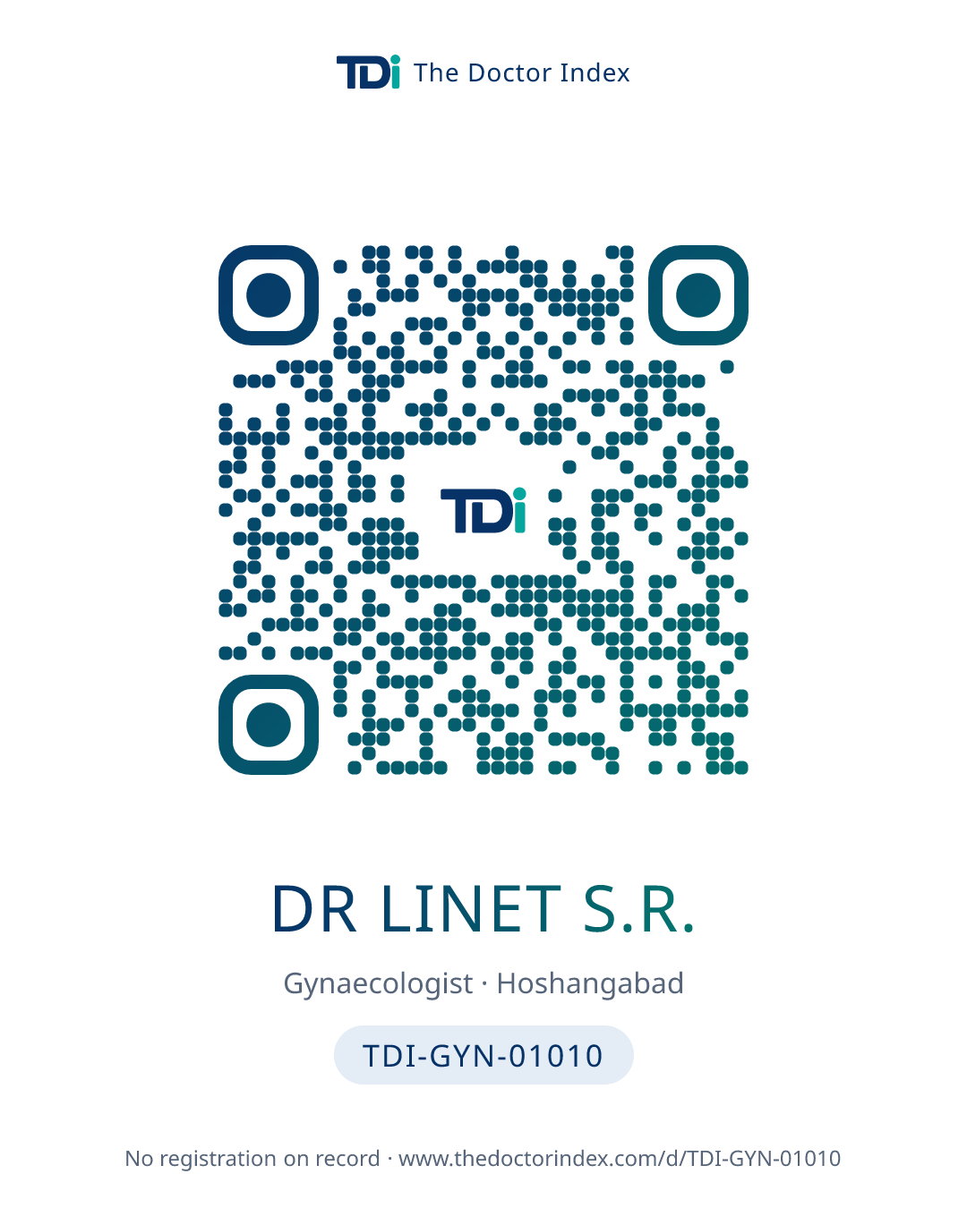QR card for Dr Linet S.R., TDI-GYN-01010