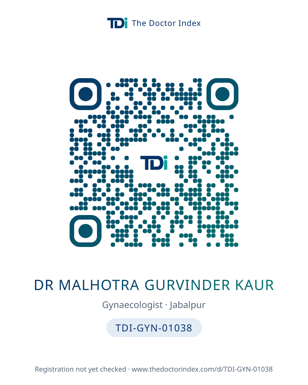 QR card for Dr Malhotra Gurvinder Kaur, TDI-GYN-01038