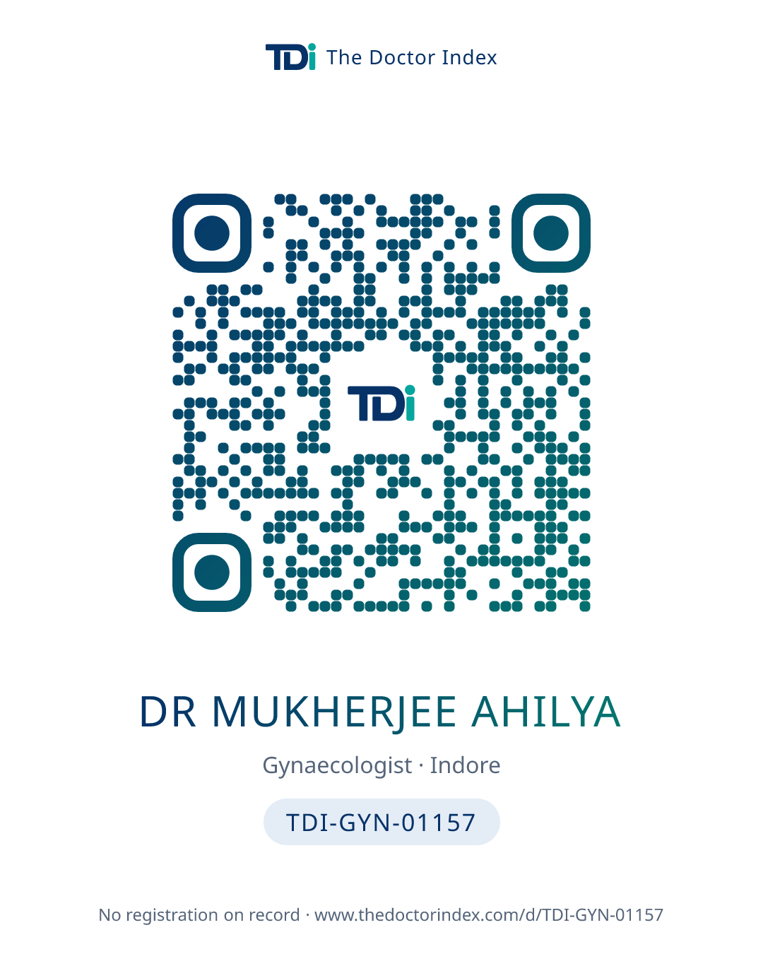 QR card for Dr Mukherjee Ahilya, TDI-GYN-01157