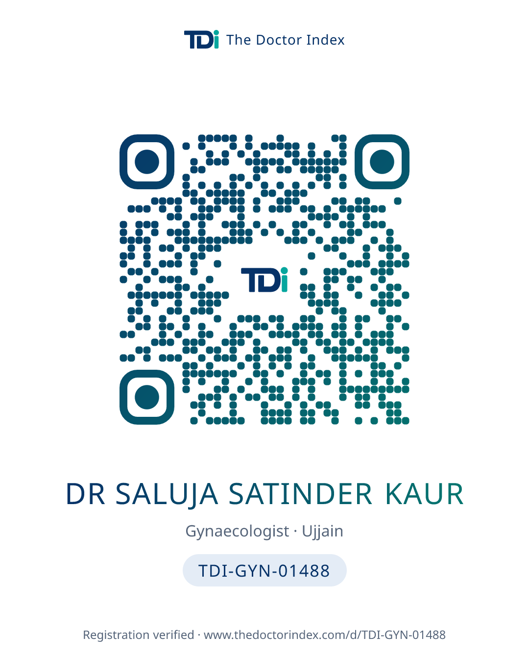 QR card for Dr Saluja Satinder Kaur, TDI-GYN-01488