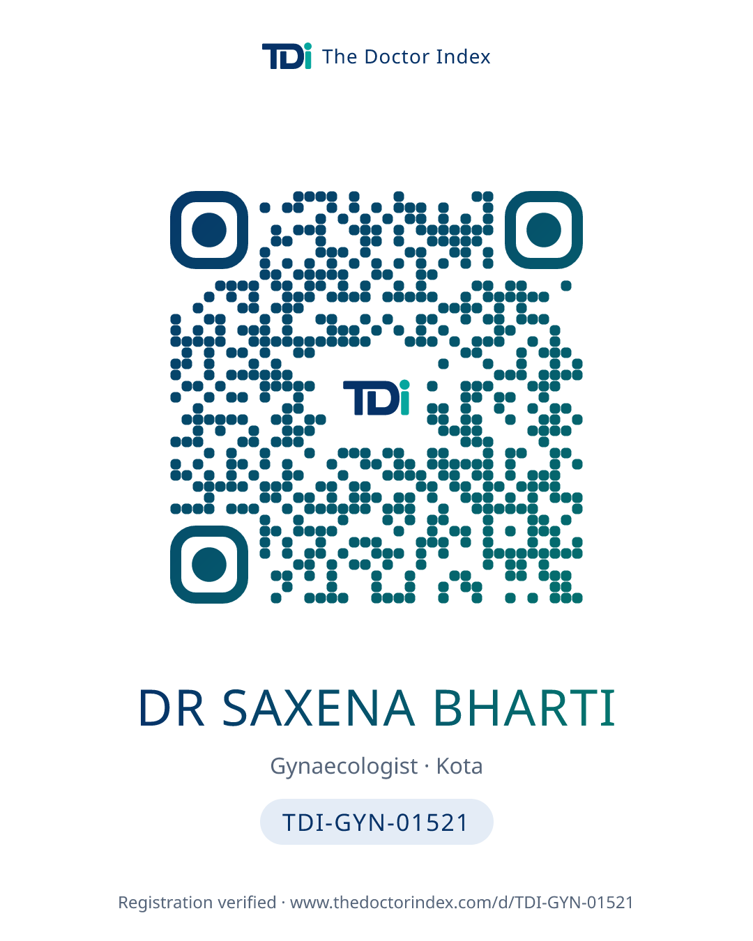 QR card for Dr Saxena Bharti, TDI-GYN-01521