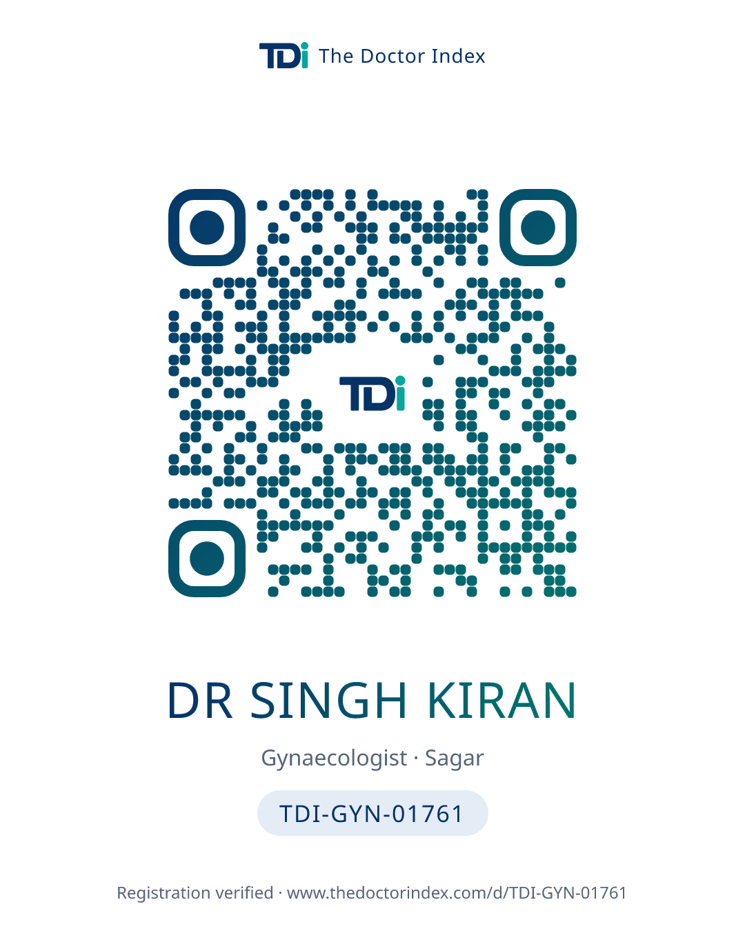 QR card for Dr Singh Kiran, TDI-GYN-01761