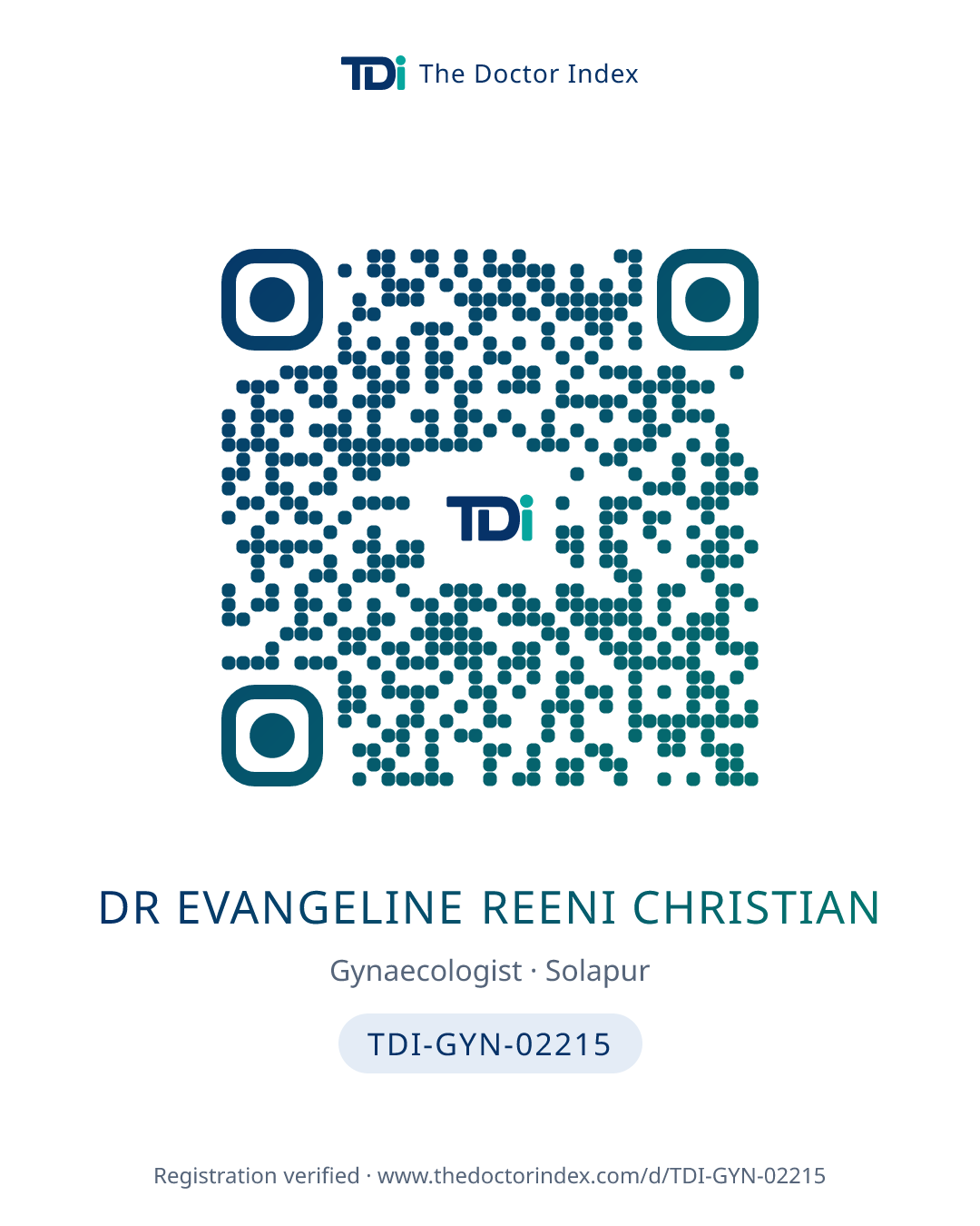 QR card for Dr Evangeline Reeni Christian, TDI-GYN-02215