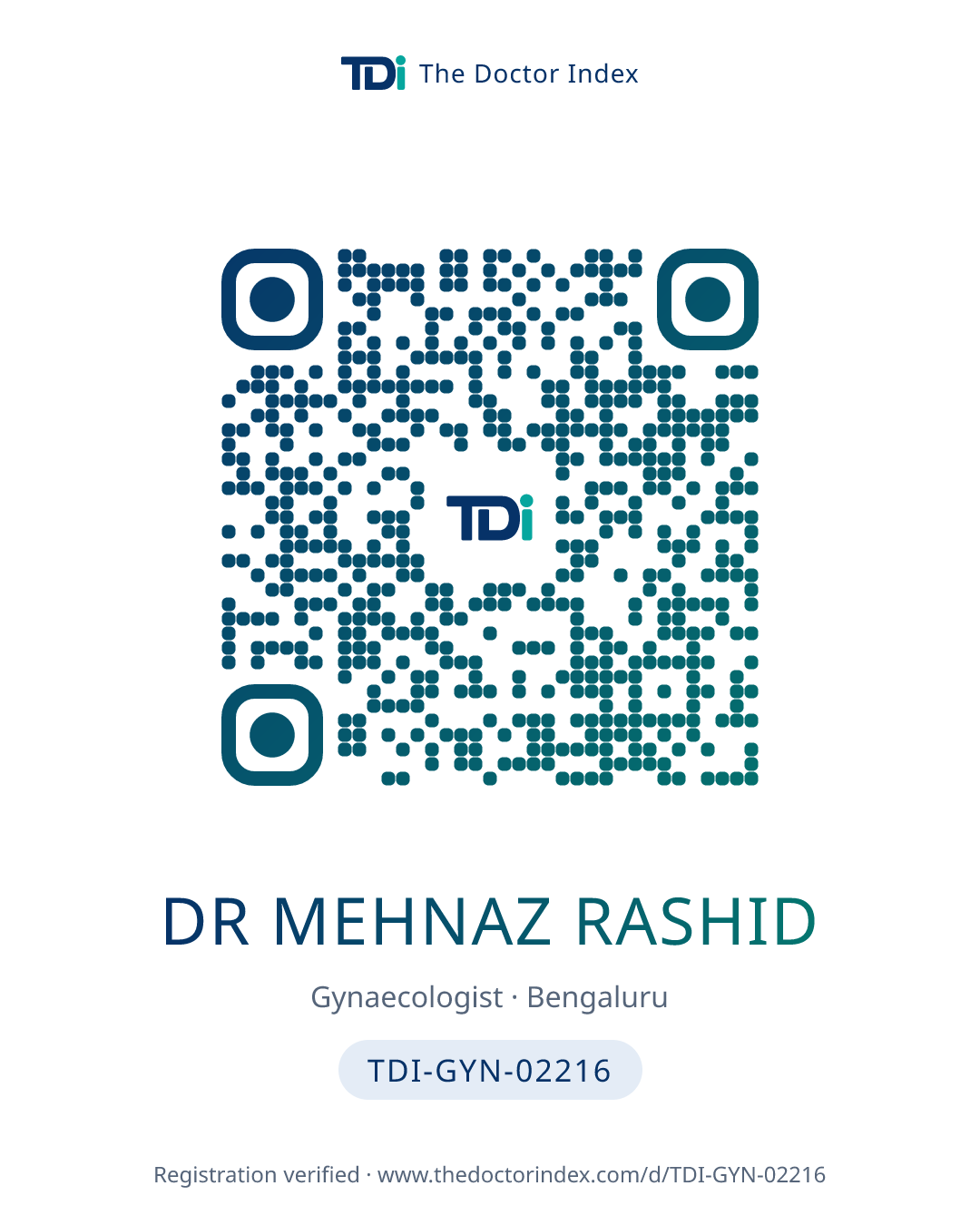 QR card for Dr Mehnaz Rashid, TDI-GYN-02216