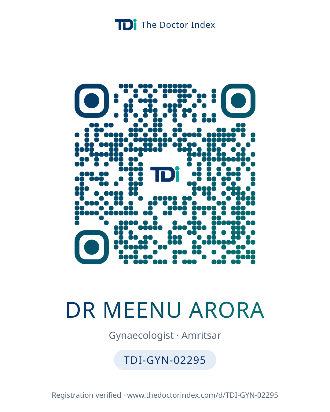 QR card for Dr Meenu Arora, TDI-GYN-02295