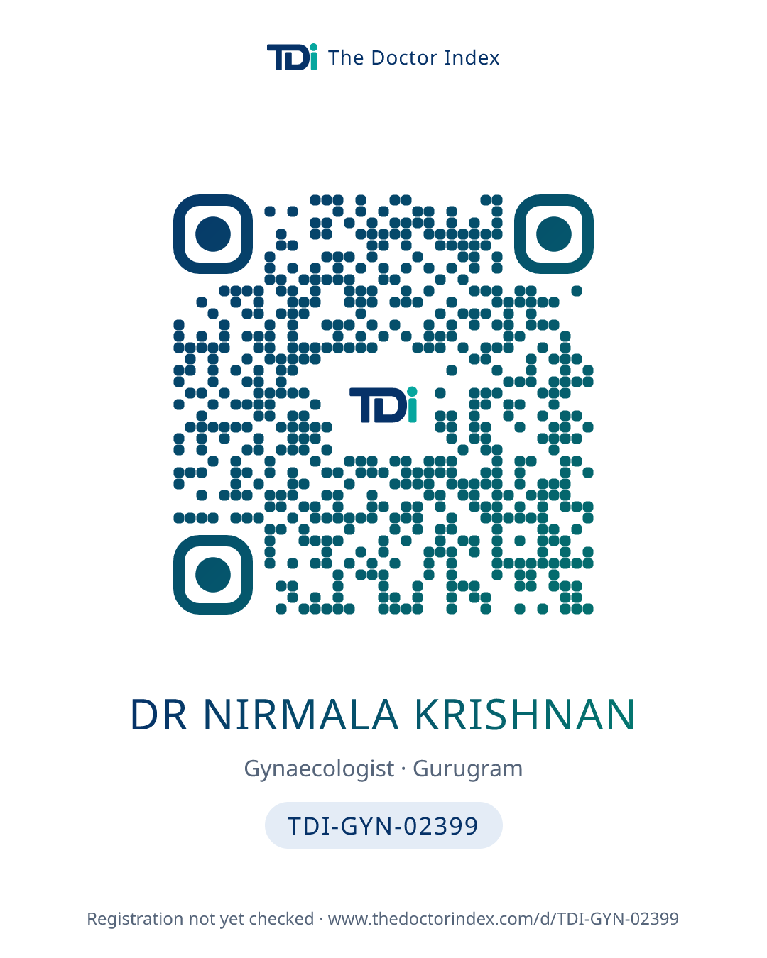 QR card for Dr Nirmala Krishnan, TDI-GYN-02399