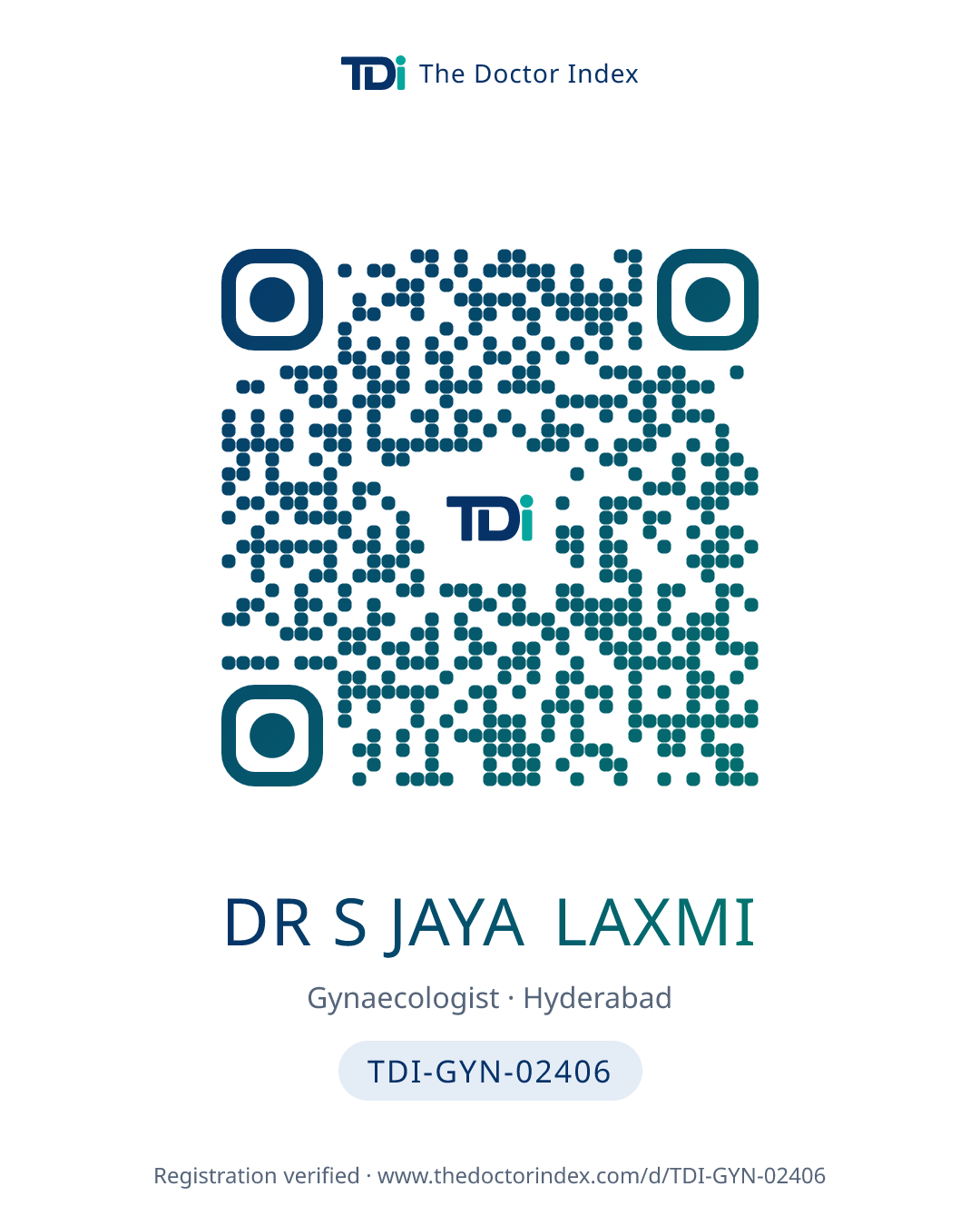 QR card for Dr S Jaya Laxmi, TDI-GYN-02406