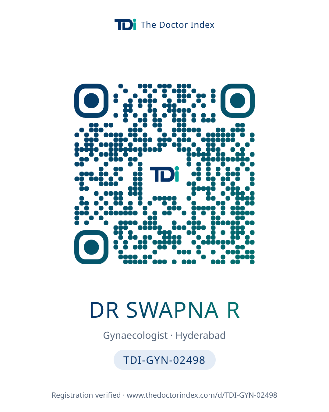 QR card for Dr Swapna R, TDI-GYN-02498