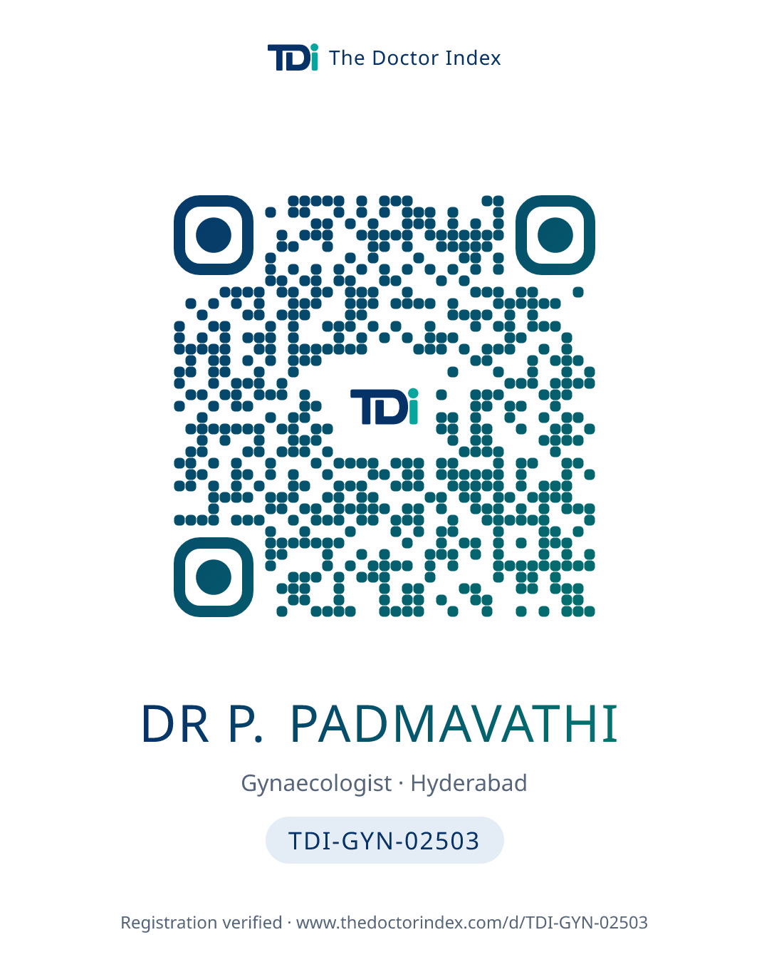 QR card for Dr P. Padmavathi, TDI-GYN-02503