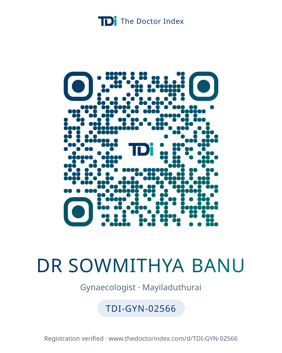 QR card for Dr Sowmithya Banu, TDI-GYN-02566