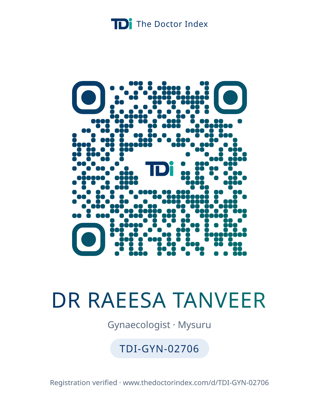 QR card for Dr Raeesa Tanveer, TDI-GYN-02706
