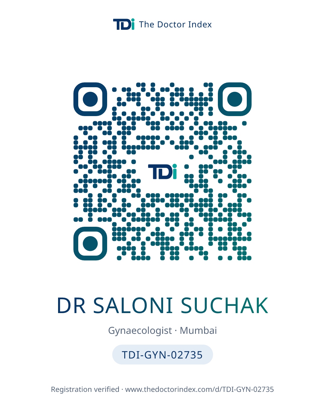 QR card for Dr Saloni Suchak, TDI-GYN-02735