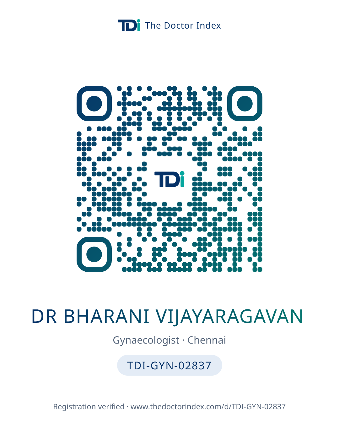 QR card for Dr Bharani Vijayaragavan, TDI-GYN-02837