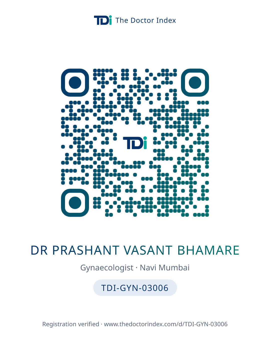 QR card for Dr Prashant Vasant Bhamare, TDI-GYN-03006