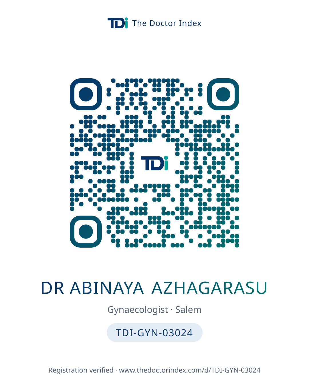 QR card for Dr Abinaya Azhagarasu, TDI-GYN-03024