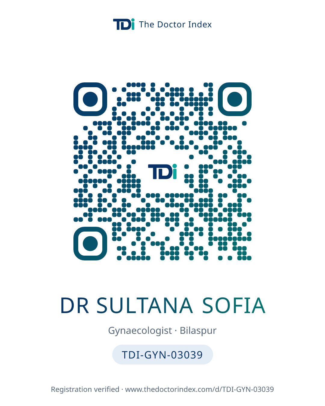 QR card for Dr Sultana Sofia, TDI-GYN-03039