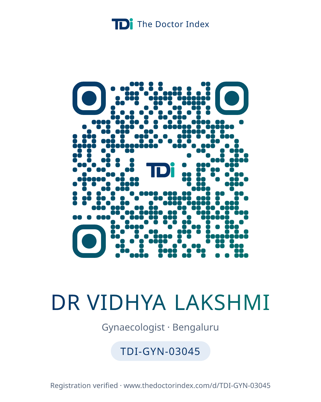 QR card for Dr Vidhya Lakshmi, TDI-GYN-03045