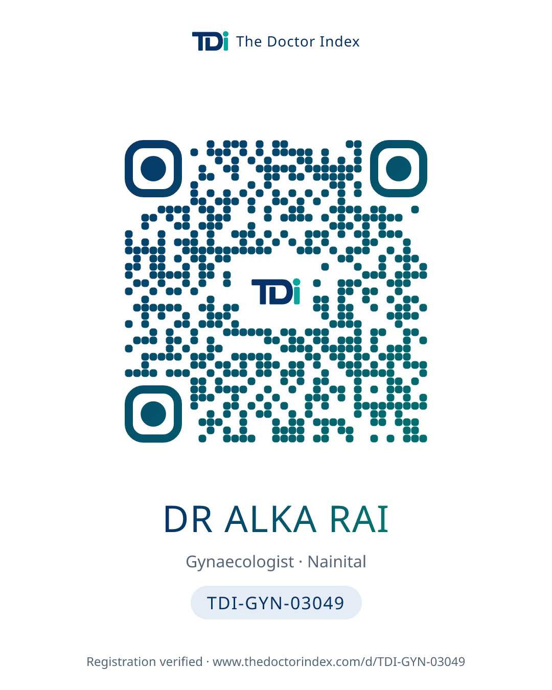 QR card for Dr Alka Rai, TDI-GYN-03049