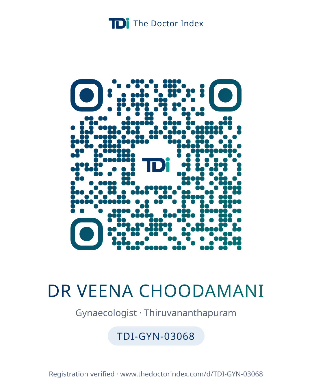 QR card for Dr Veena Choodamani, TDI-GYN-03068