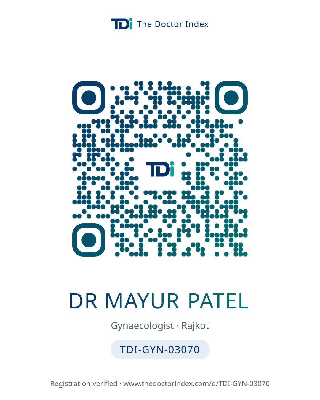 QR card for Dr Mayur Patel, TDI-GYN-03070
