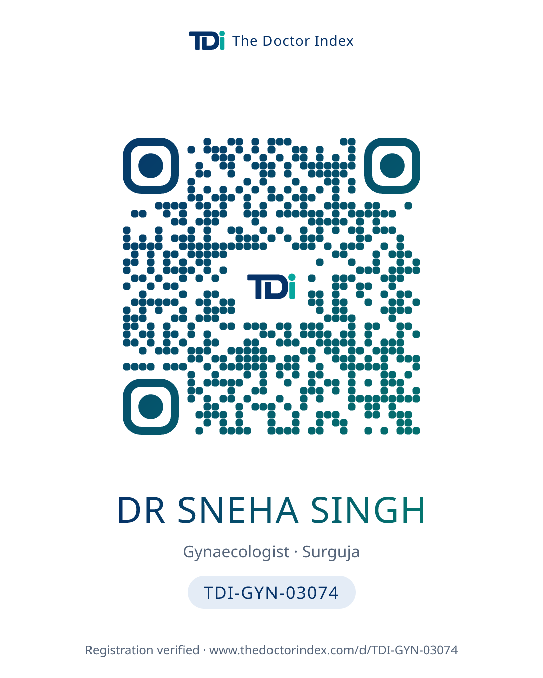 QR card for Dr Sneha Singh, TDI-GYN-03074