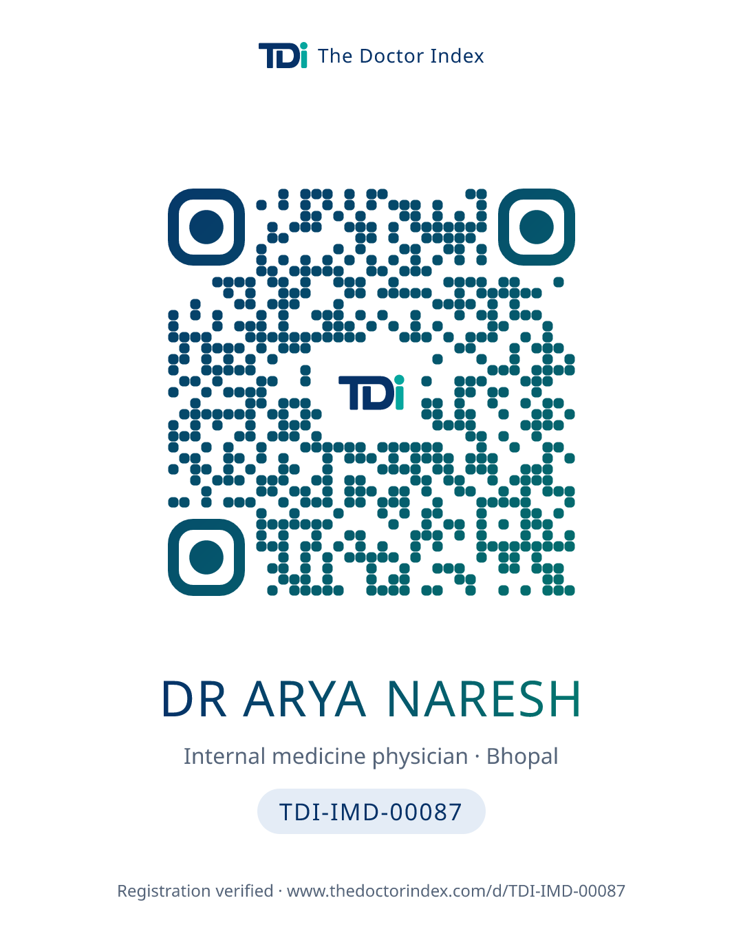 QR card for Dr Arya Naresh, TDI-IMD-00087