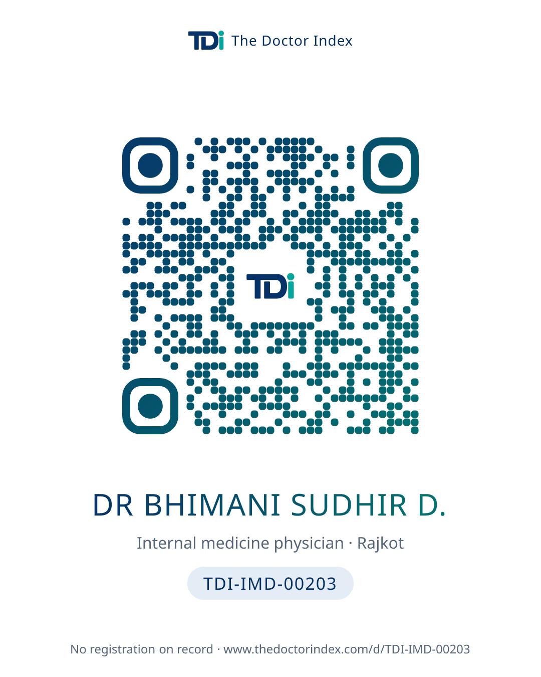 QR card for Dr Bhimani Sudhir D., TDI-IMD-00203