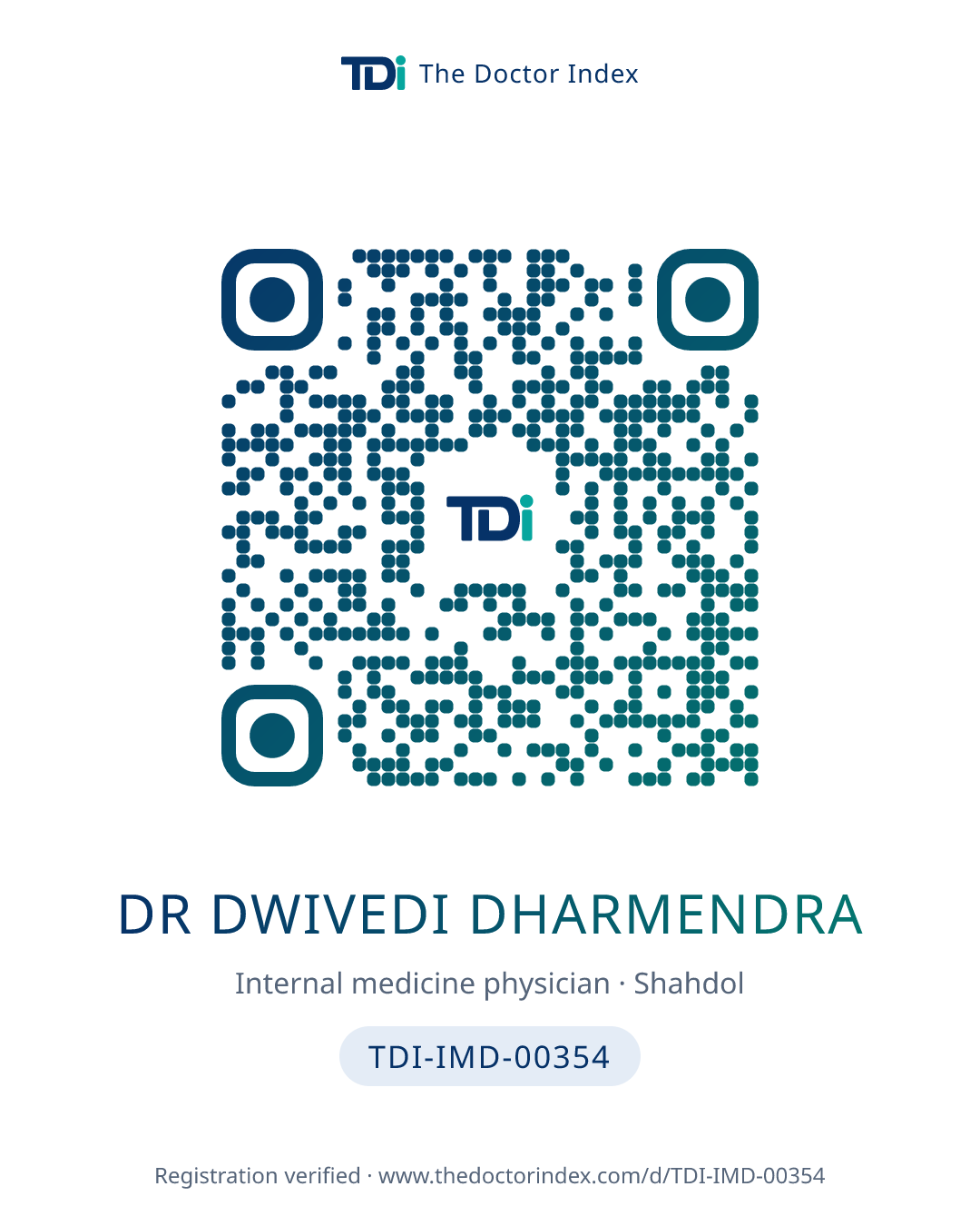 QR card for Dr Dwivedi Dharmendra, TDI-IMD-00354