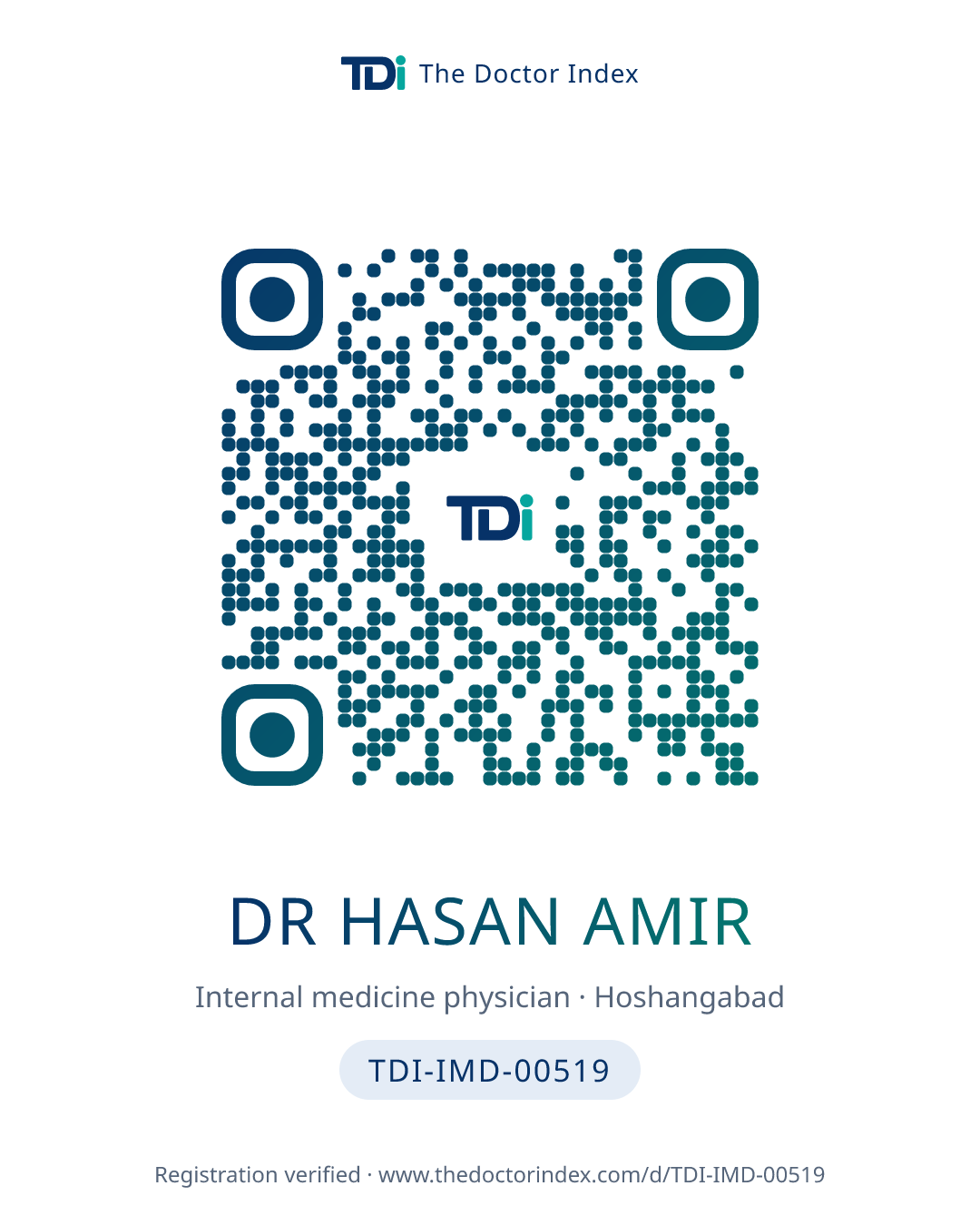 QR card for Dr Hasan Amir, TDI-IMD-00519