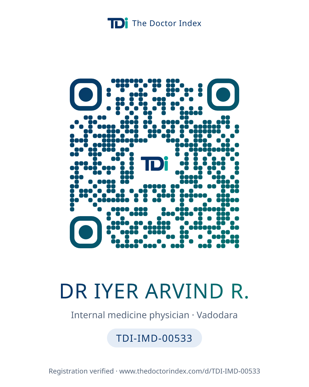 QR card for Dr Iyer Arvind R., TDI-IMD-00533
