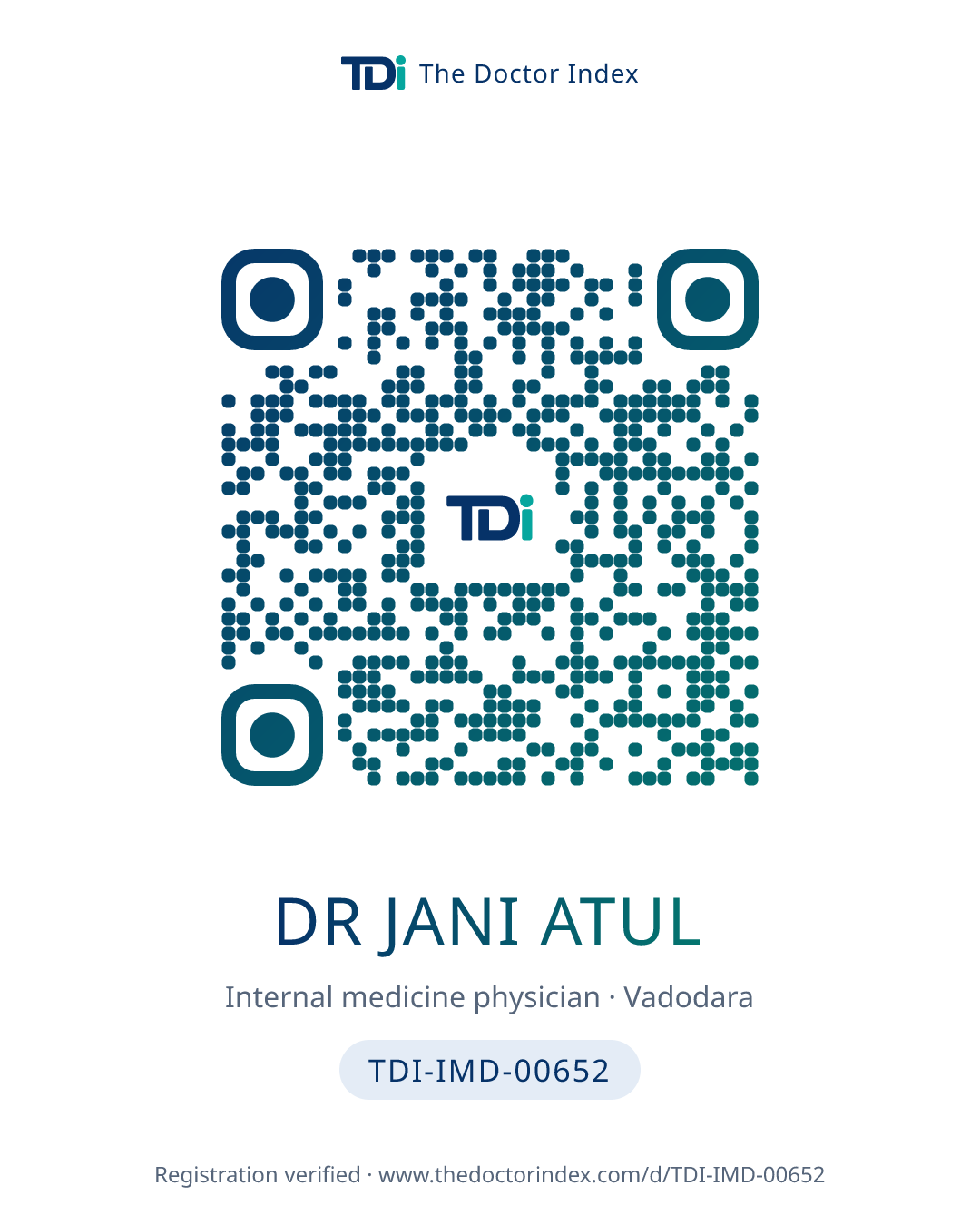 QR card for Dr Jani Atul, TDI-IMD-00652