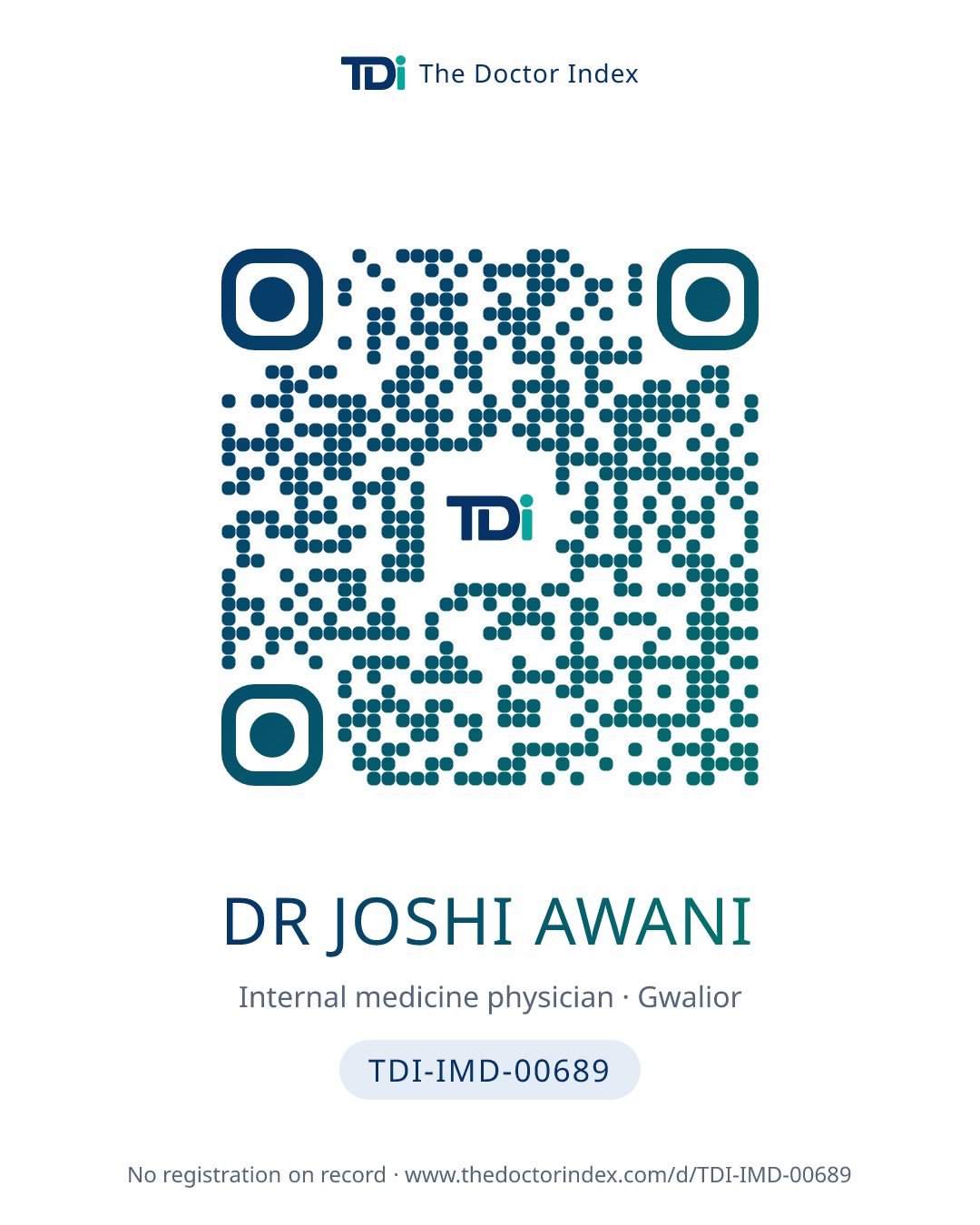 QR card for Dr Joshi Awani, TDI-IMD-00689