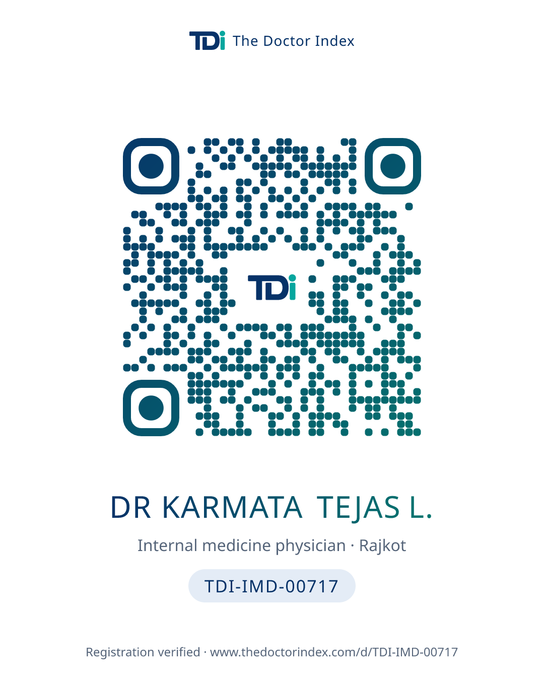 QR card for Dr Karmata Tejas L., TDI-IMD-00717