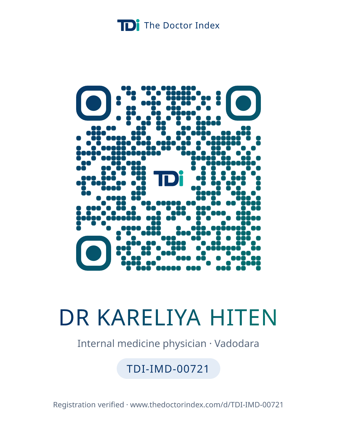 QR card for Dr Kareliya Hiten, TDI-IMD-00721
