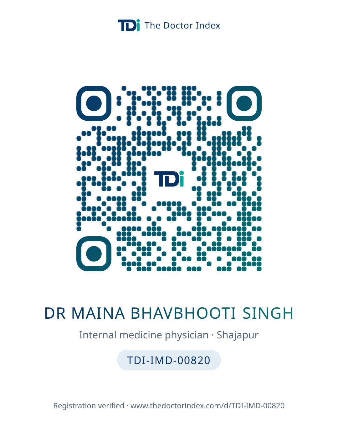 QR card for Dr Maina Bhavbhooti Singh, TDI-IMD-00820