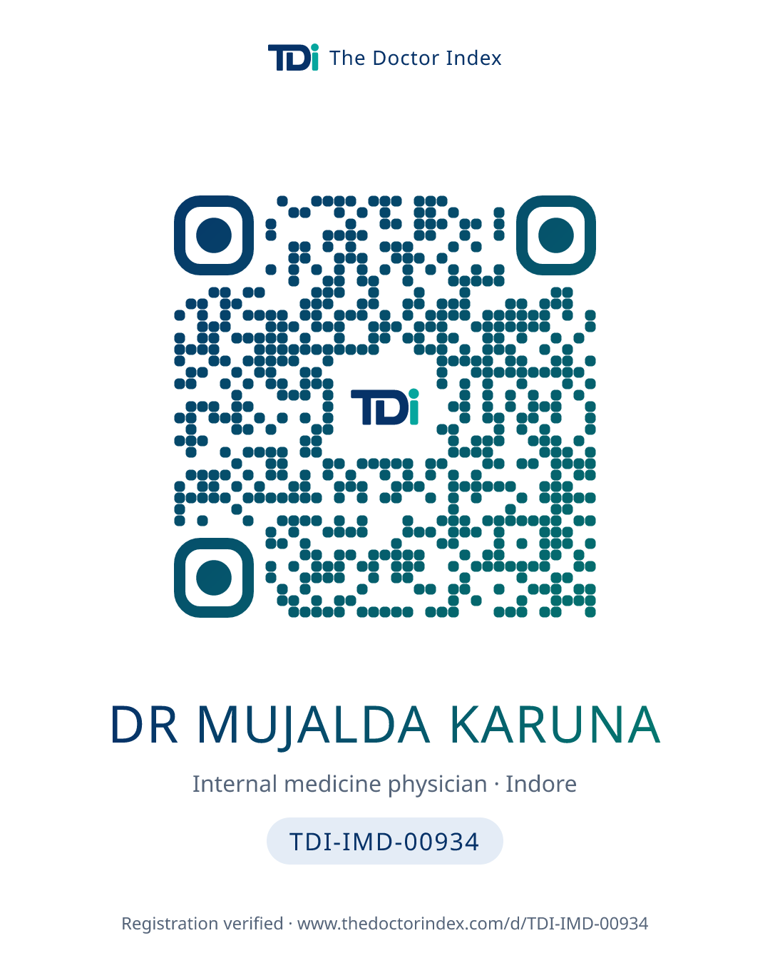 QR card for Dr Mujalda Karuna, TDI-IMD-00934