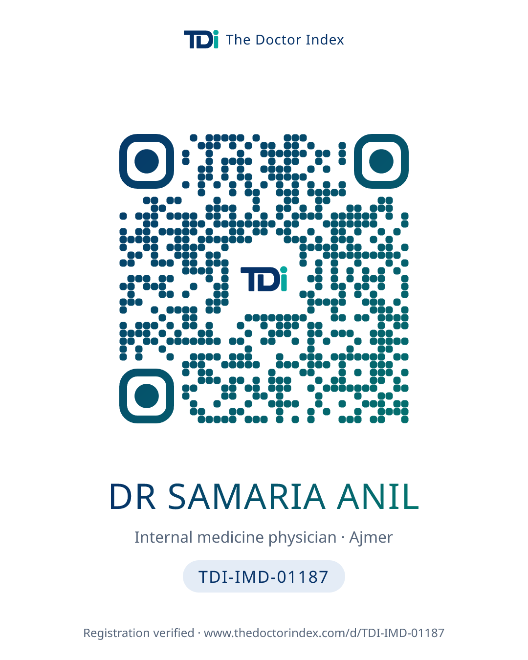 QR card for Dr Samaria Anil, TDI-IMD-01187