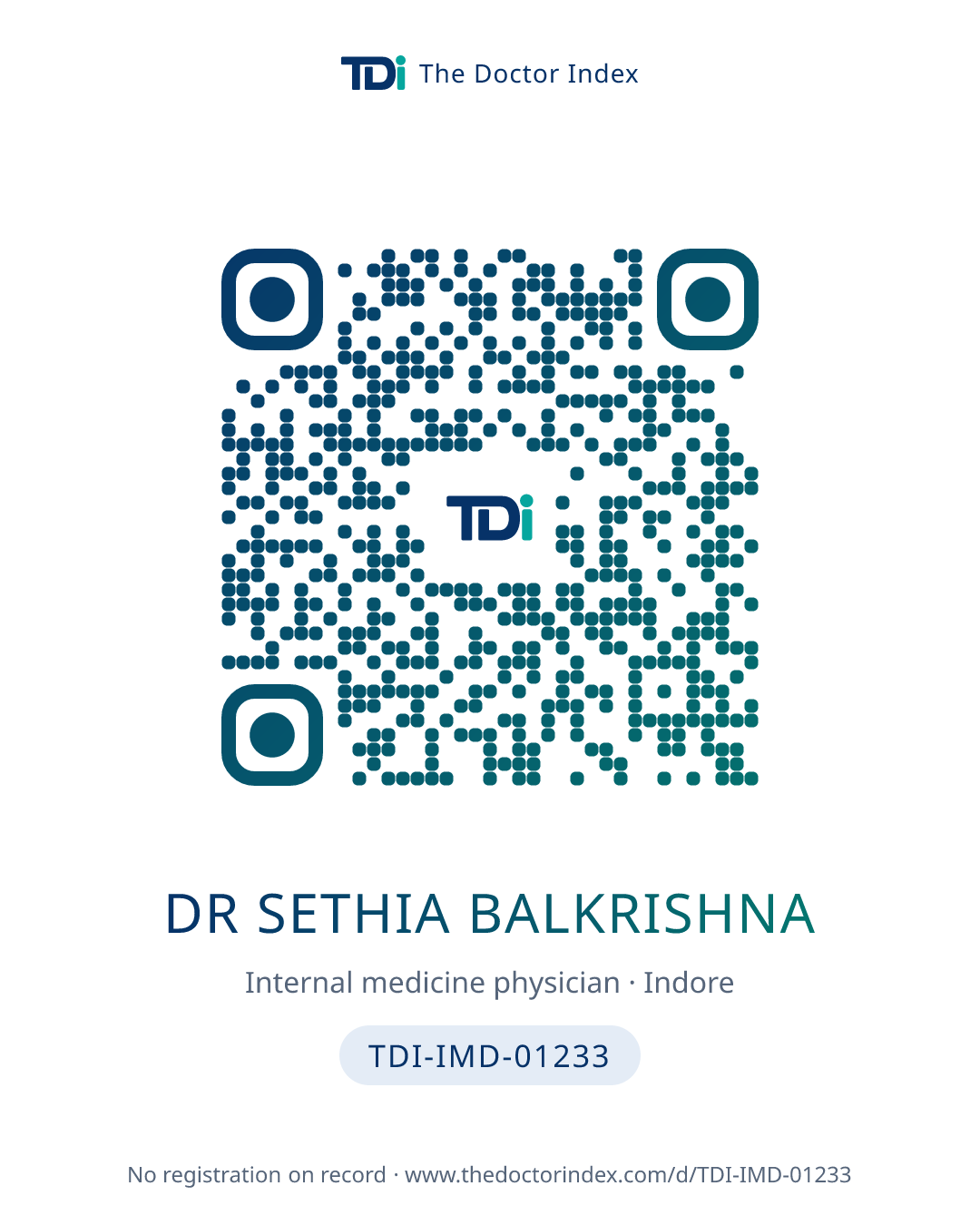 QR card for Dr Sethia Balkrishna, TDI-IMD-01233