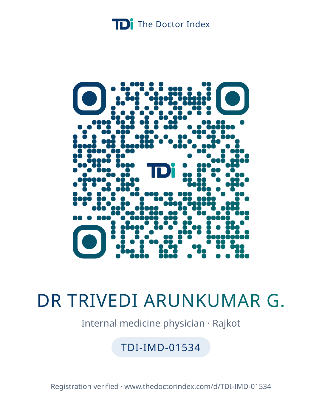 QR card for Dr Trivedi Arunkumar G., TDI-IMD-01534