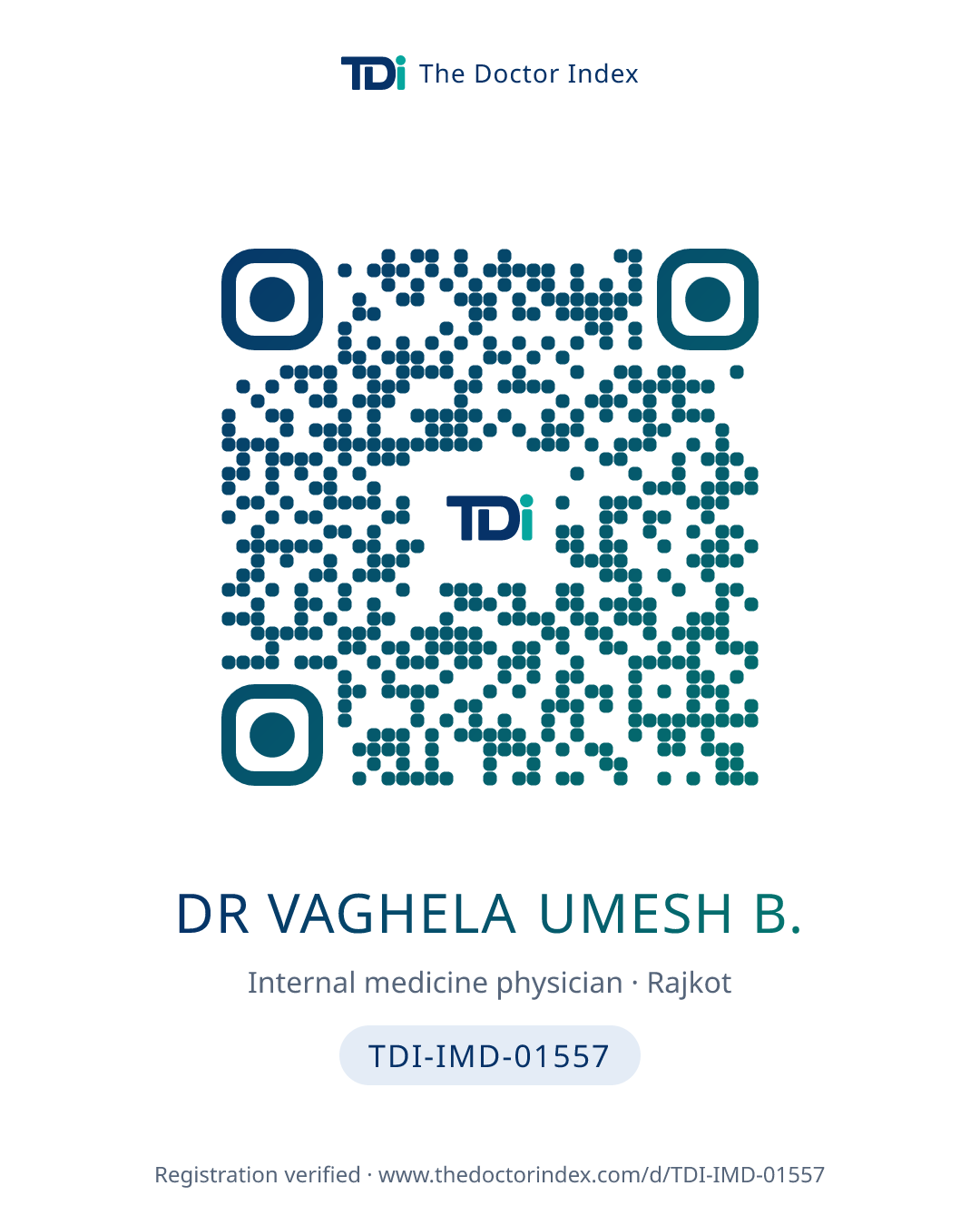 QR card for Dr Vaghela Umesh B., TDI-IMD-01557