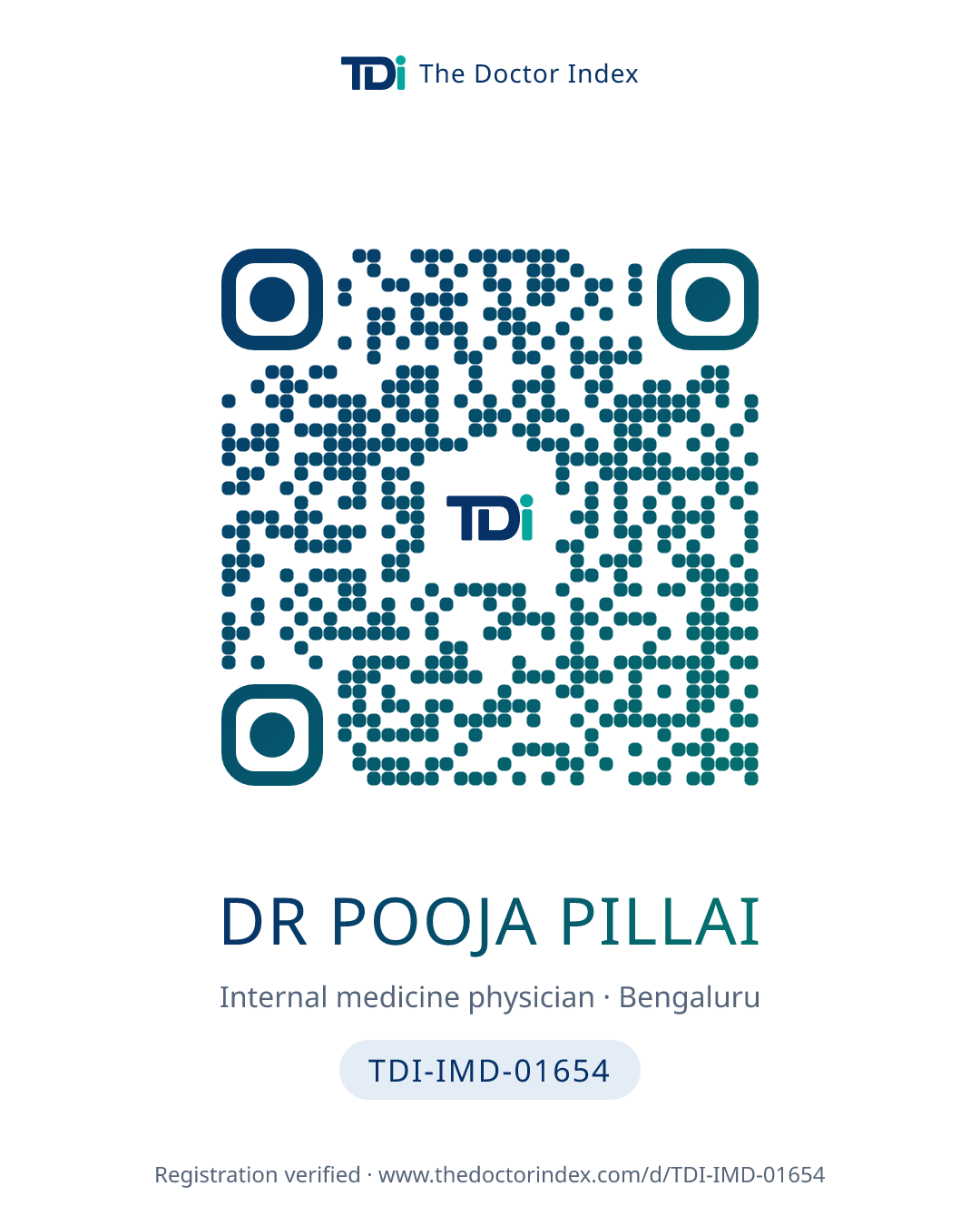 QR card for Dr Pooja Pillai, TDI-IMD-01654