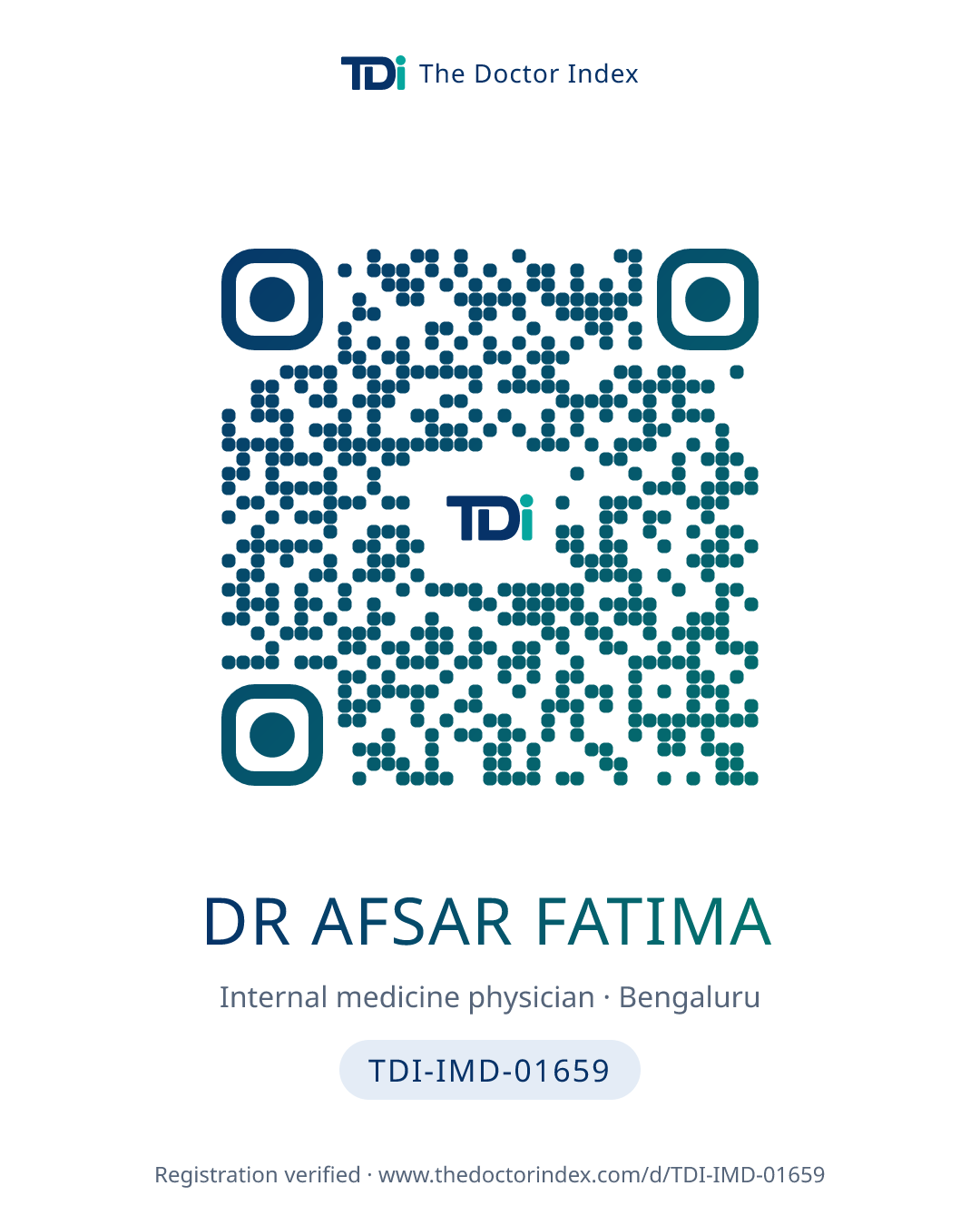 QR card for Dr Afsar Fatima, TDI-IMD-01659
