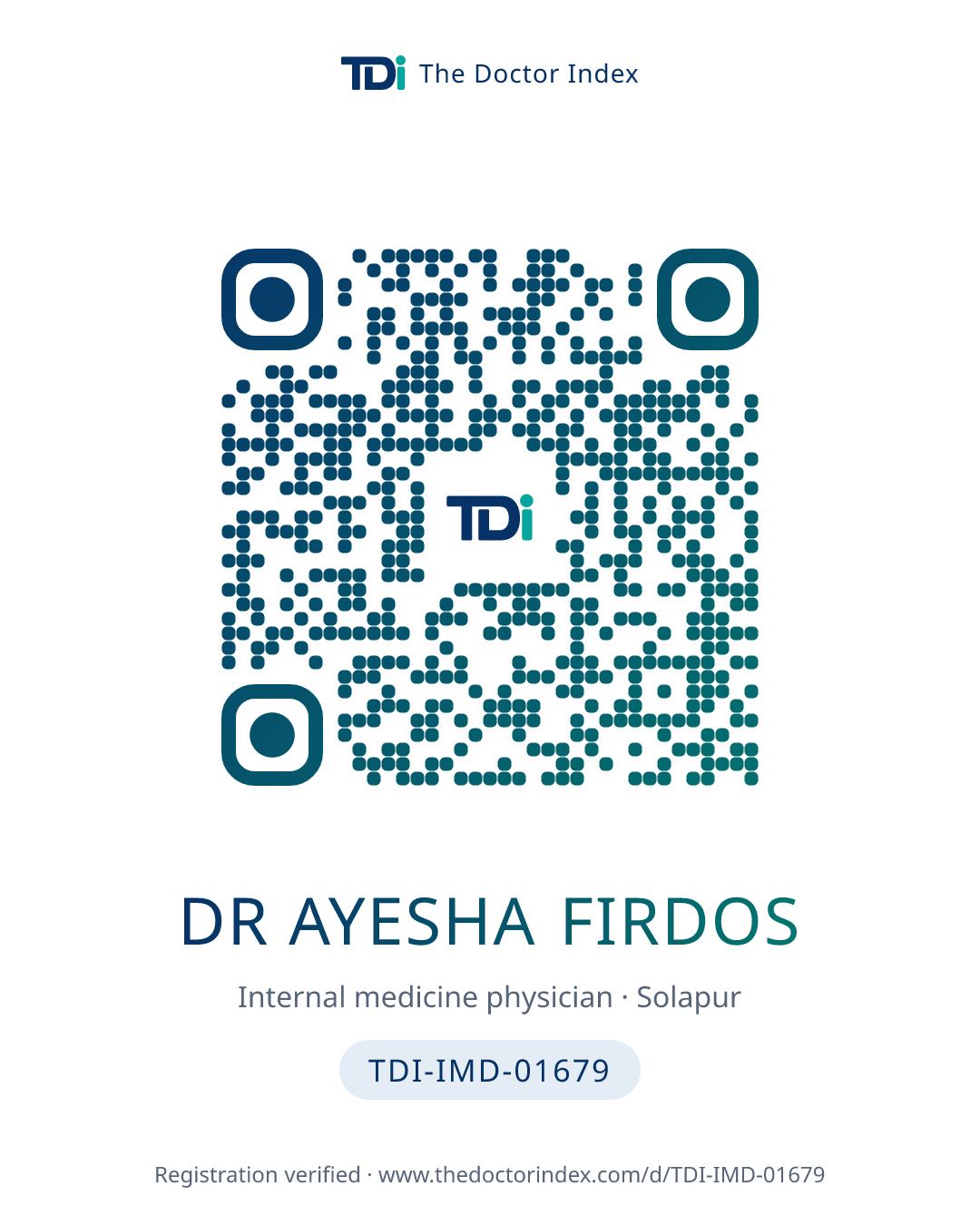 QR card for Dr Ayesha Firdos, TDI-IMD-01679