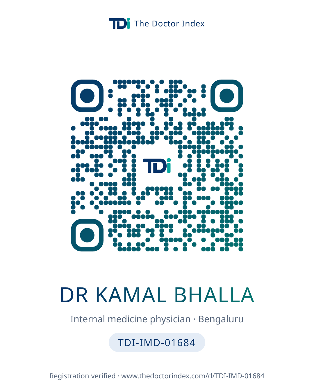 QR card for Dr Kamal Bhalla, TDI-IMD-01684